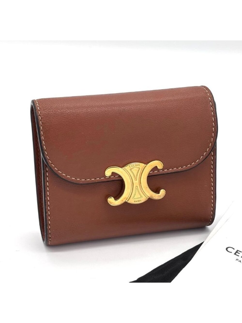 Celine Triomphe Trifold Wallet Tan Brown Gold